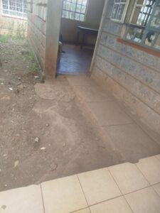 Entrance to a public building showing a makeshift ramp made of uneven concrete with no railings, slopes abruptly upwards, and leads directly to a high threshold. The design appears inaccessible for wheelchair users. INACCESSIBILITY